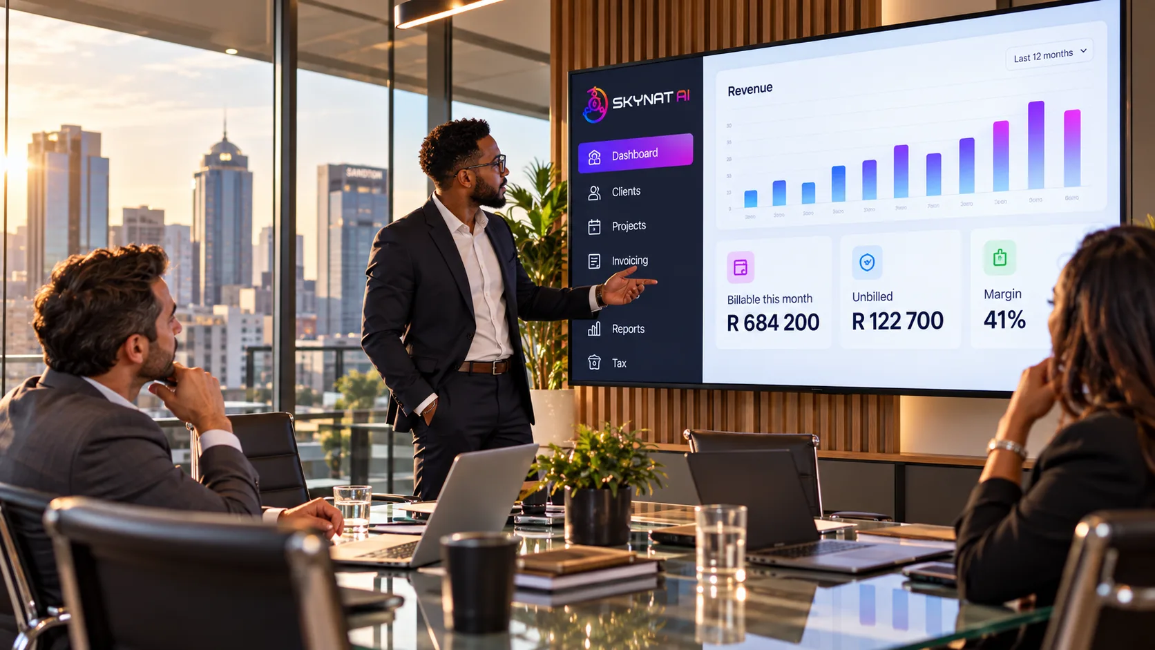 A team reviews the business's revenue on a large screen in a meeting room
