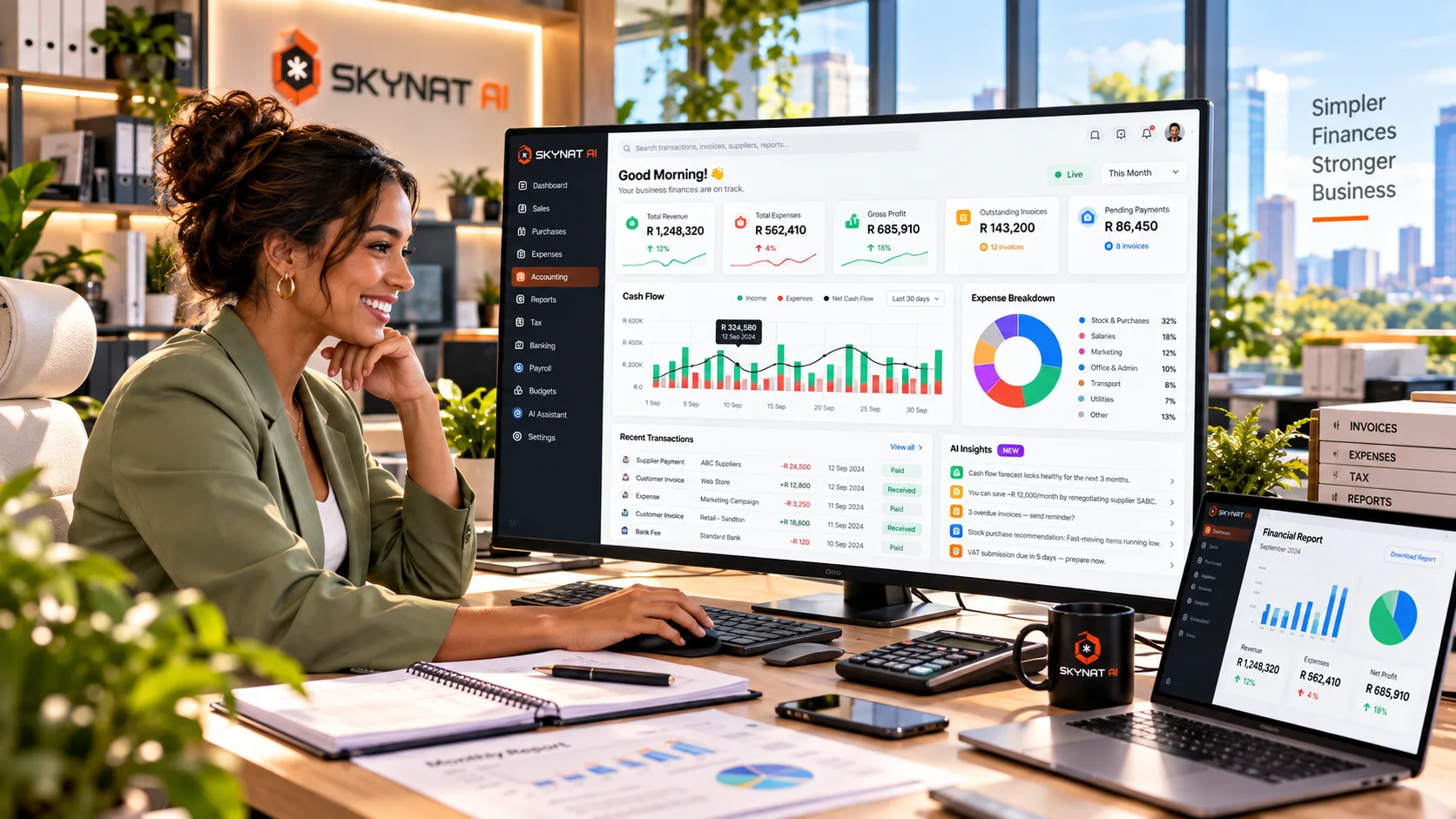 An owner checks the month's figures at her desk