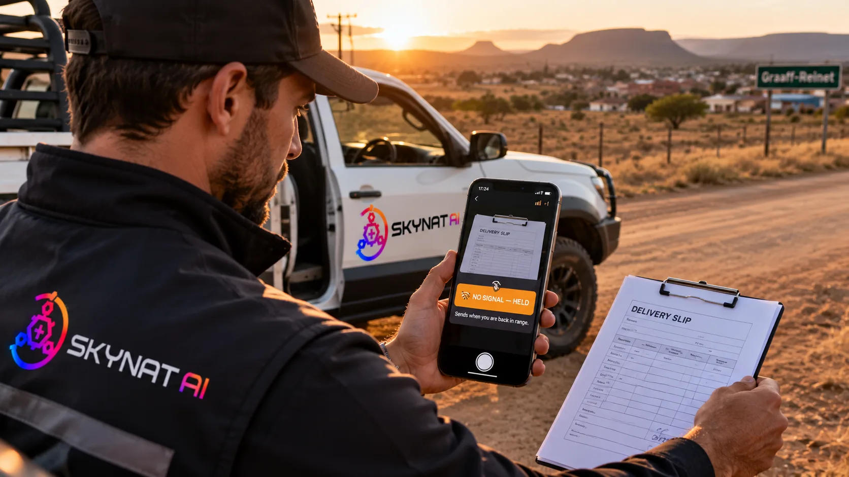 A delivery driver captures a signed delivery slip on his phone at a roadside