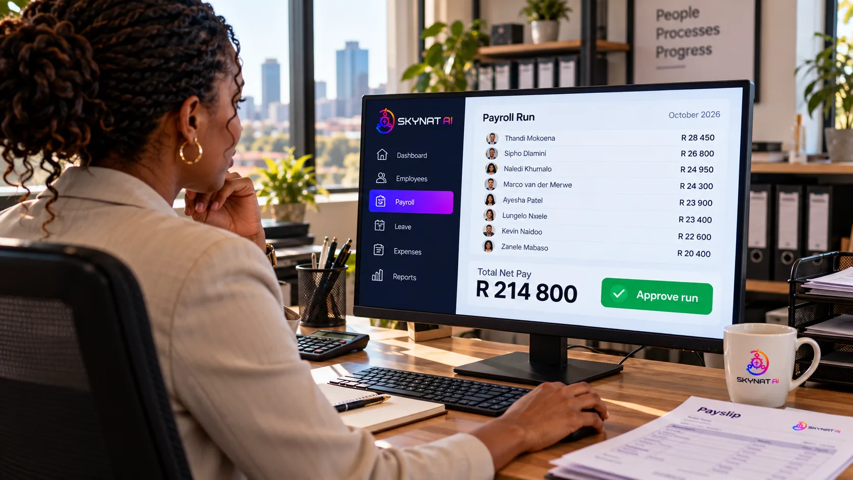 A manager approves the month's payroll run at her desk
