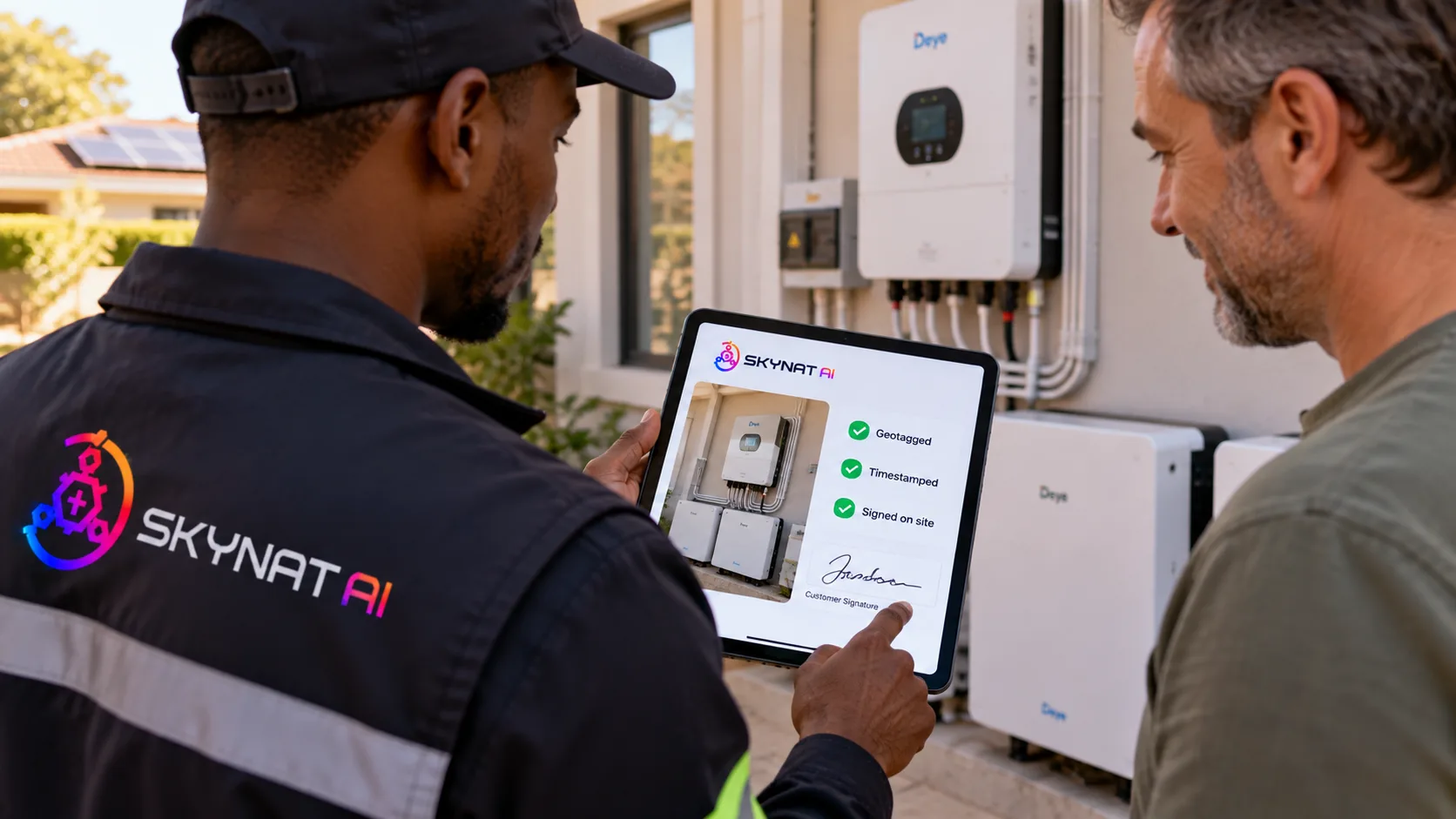 An installer signs off a solar and battery job on a tablet beside the inverter