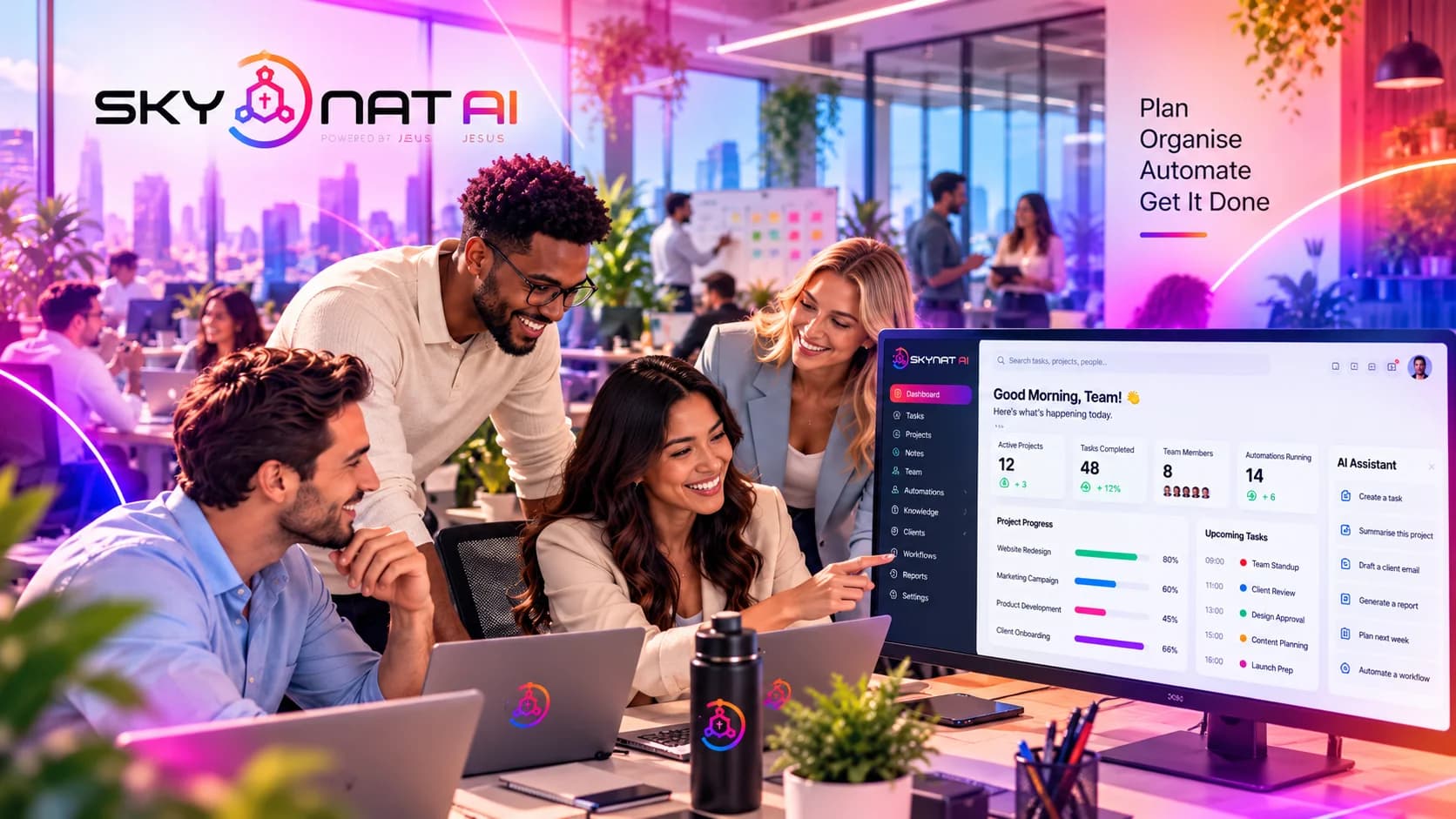 A team around a screen in a lit open-plan office, working from the day's dashboard