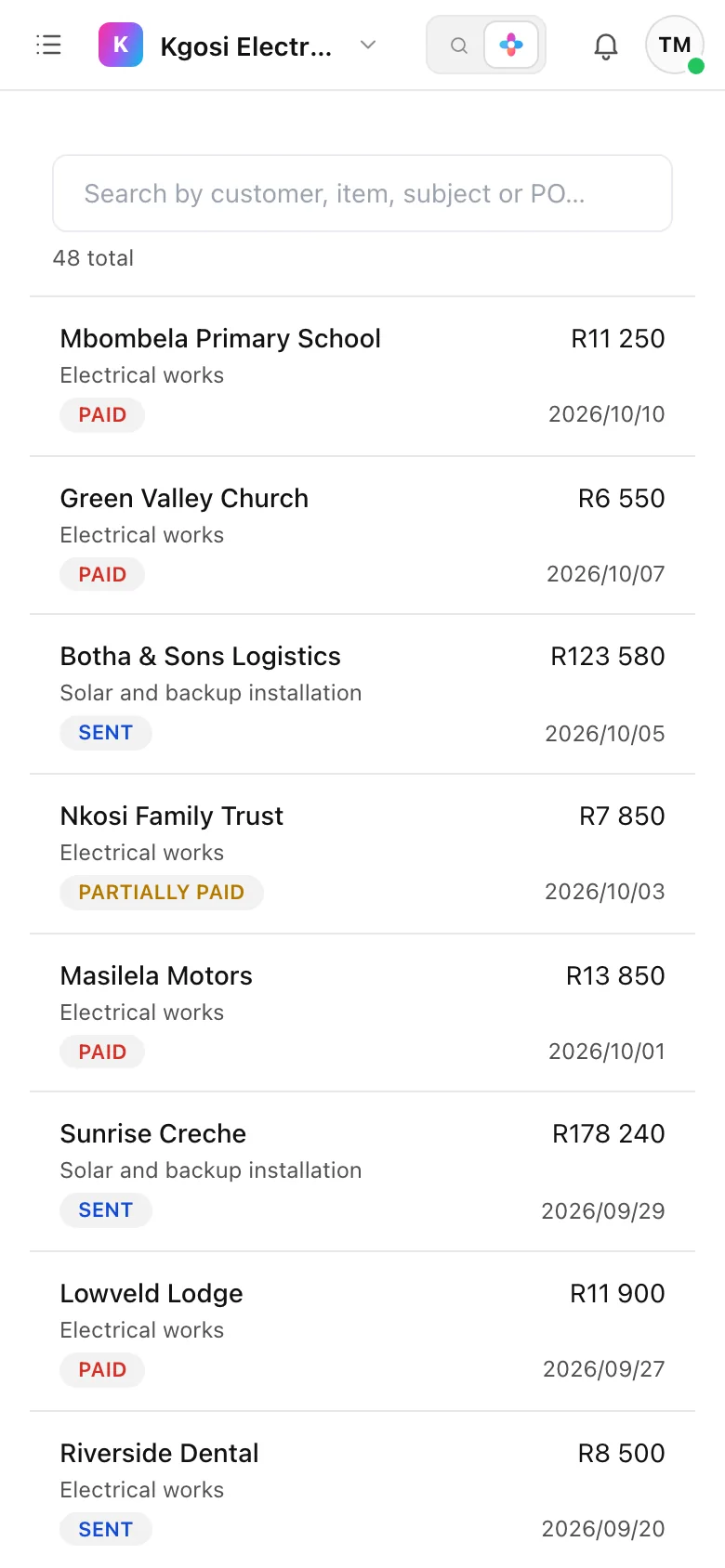 Skynat AI on a phone: invoices, each with its status