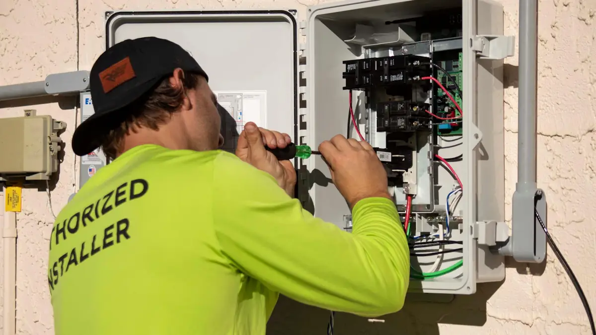 An electrician working on a distribution board