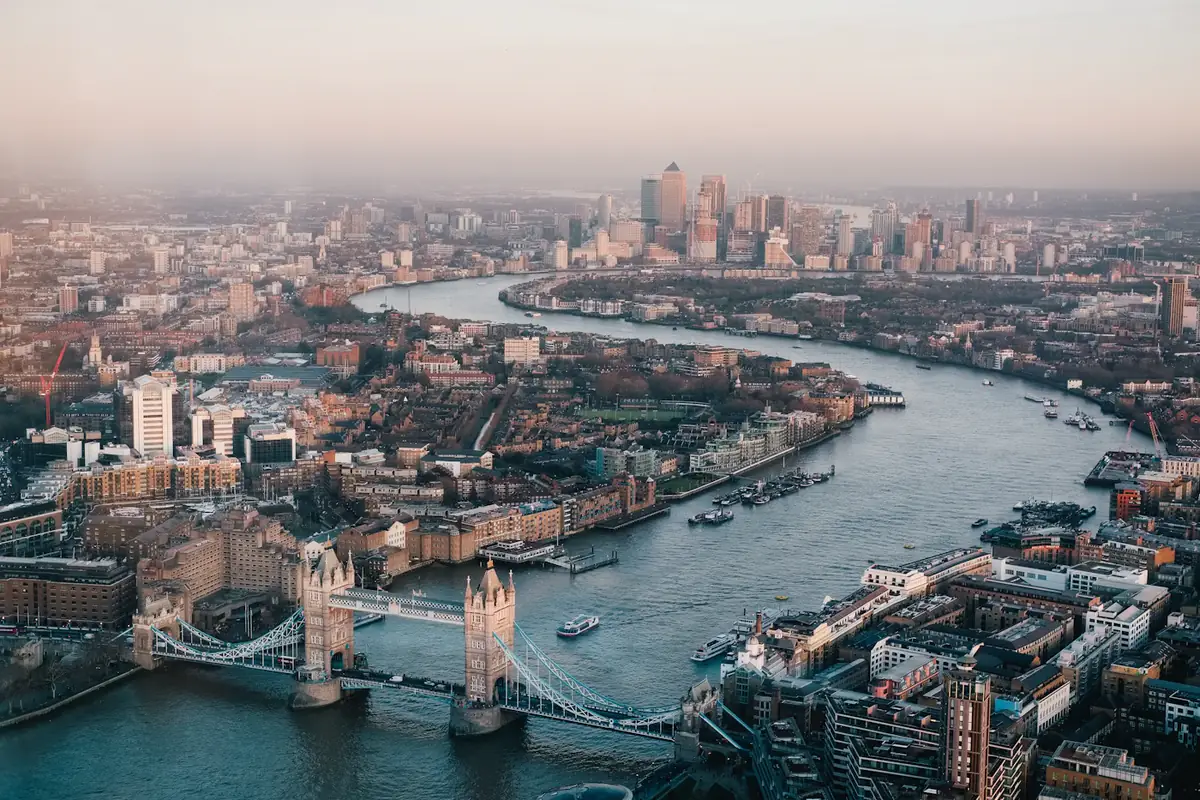 London from the air, the Thames and Tower Bridge