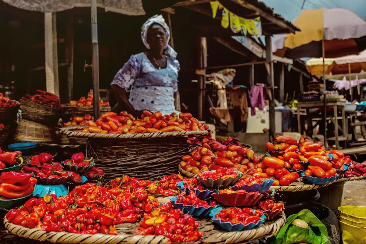 A market trader behind baskets of tomatoes and peppers
