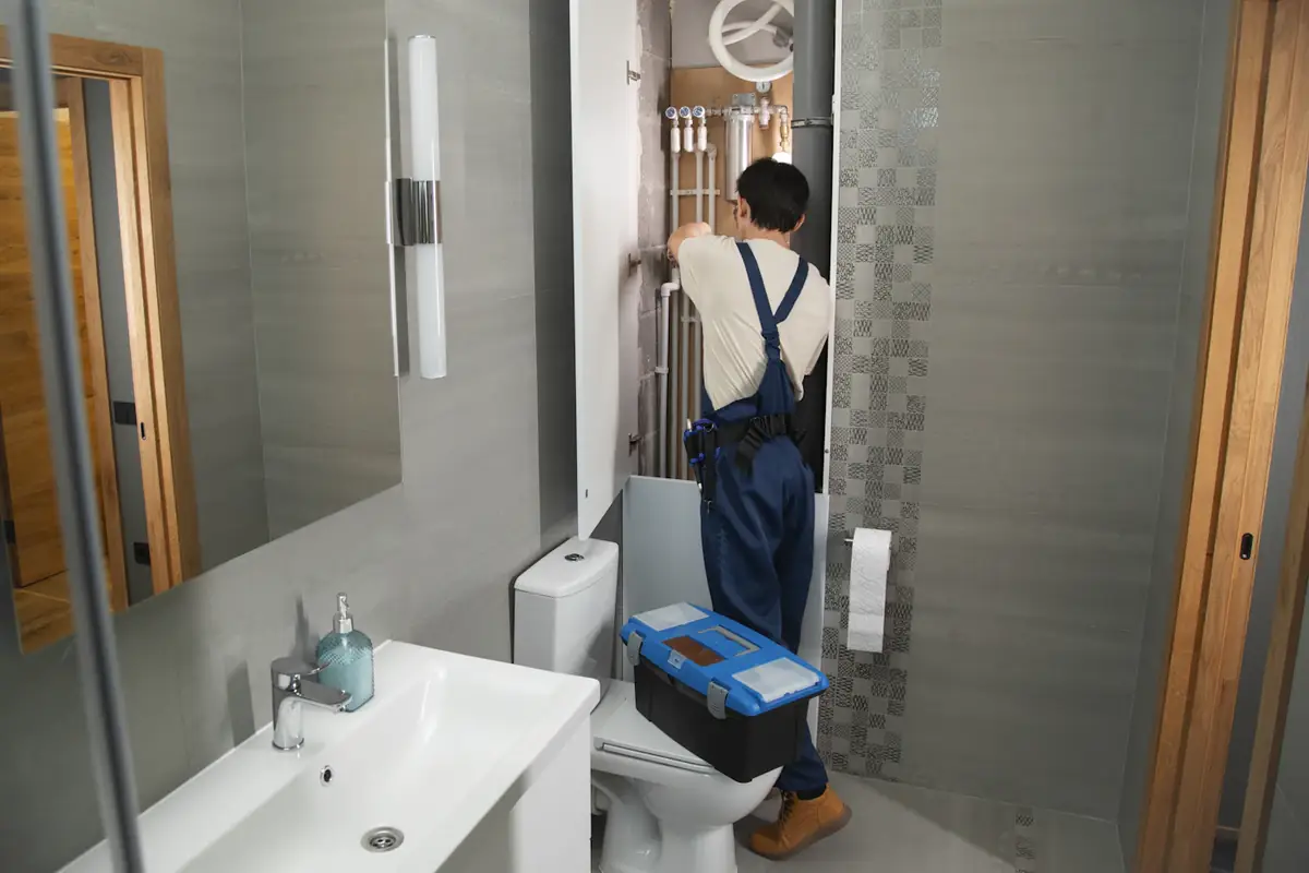 A plumber with his toolbox stepping into a bathroom