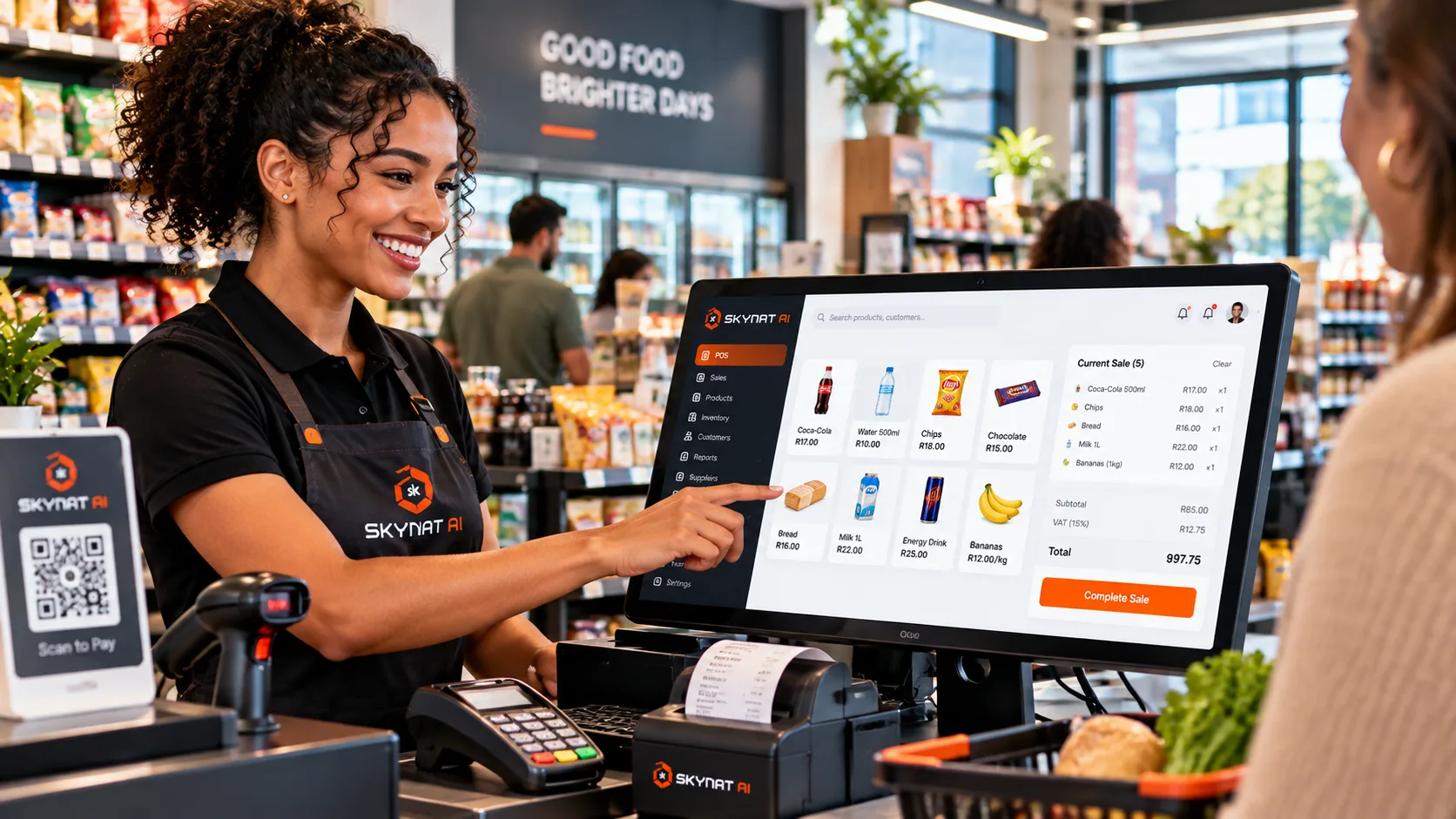 A till running on the product: the basket, the VAT line and the total, with the card machine beside it