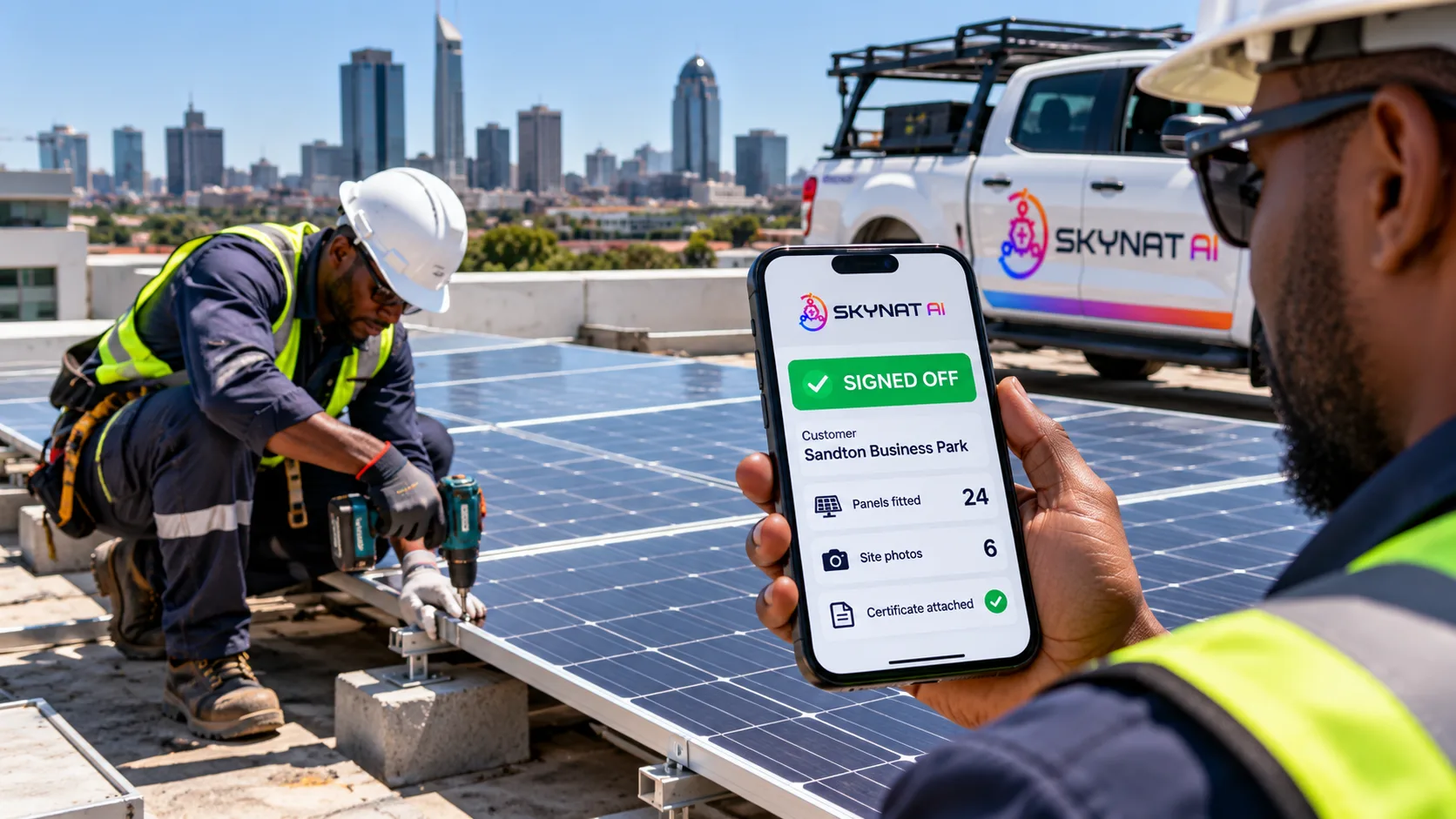 A rooftop install signed off on a phone: panels fitted, site photos and the certificate attached