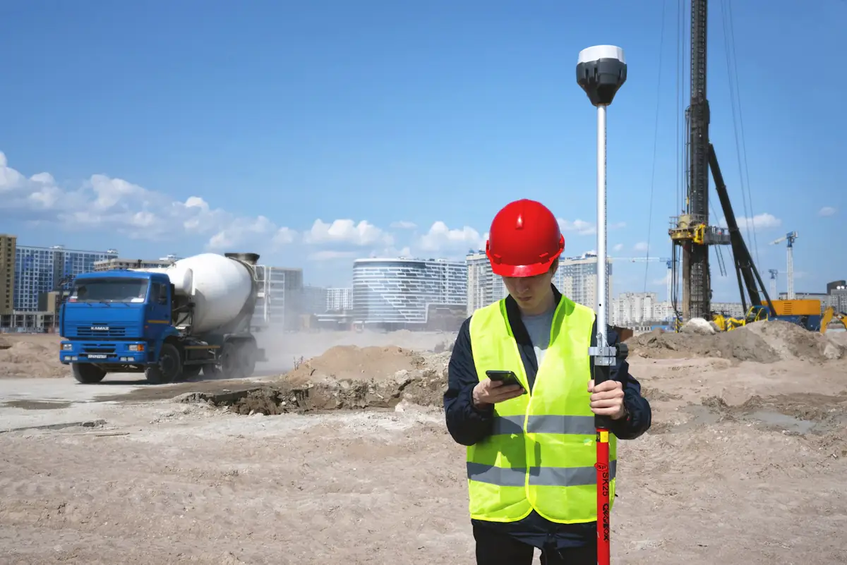 A site manager in a red hard hat checking his phone on a building site